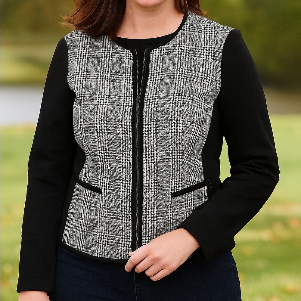 Talbots Houndstooth Woven Textured Black/White Blazer Zip Up Jacket Preppy Plaid